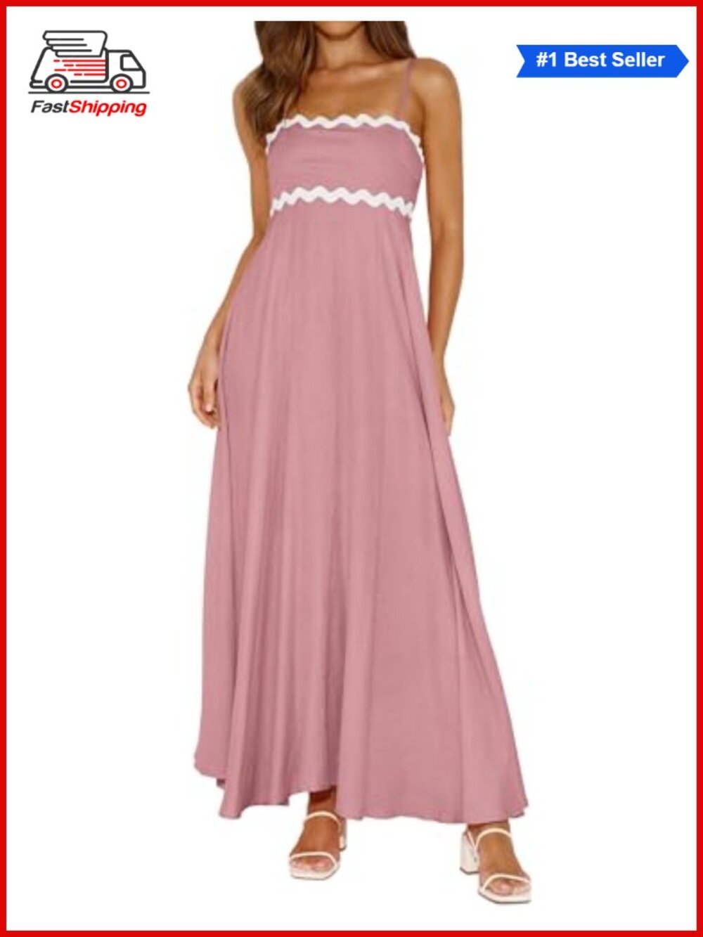 ✨PRETTYGARDEN Spaghetti Strap Boho Maxi Dress Flowy Smocked Rickrack Trim